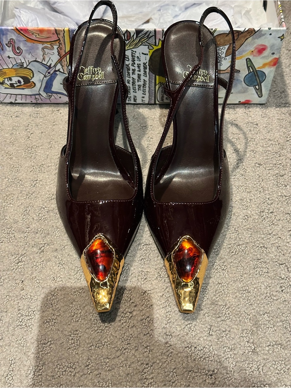 Jeffrey Campbell Burgundy Patent Slingback Pumps with Gold and Amber Accents